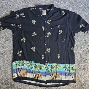 Y2K Pineapple Connection Tiki Hut Hawaiian Button Down Mens 2XLT Black Palm Tree